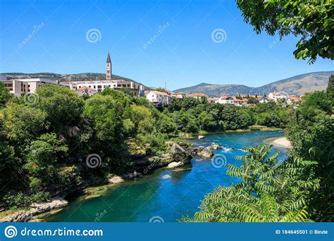 View Of The Neretva River And Old City Of Mostar Stock Image Image Of