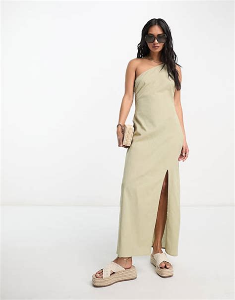 Asos Design Linen One Shoulder Midi Sundress With Thigh Split In Khaki Asos