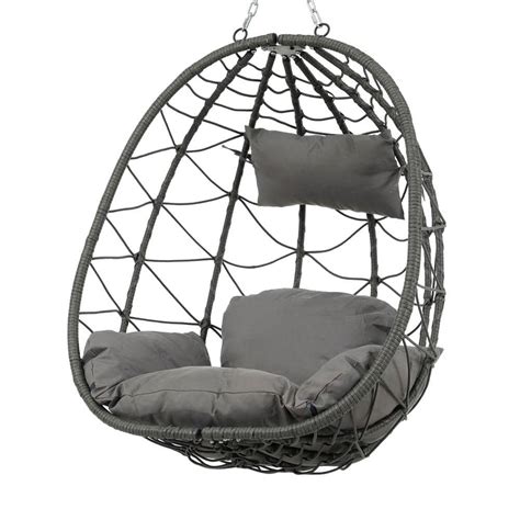 Powder Coated Steel Frame Gray Wicker Egg Shaped Patio Swing Chair With