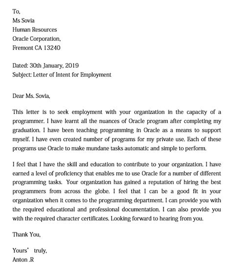 Intent Letter Sample For Job