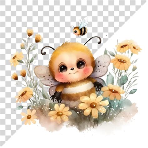 Premium Psd Cartoon Watercolor Bee With Sunflowers On A Transparent