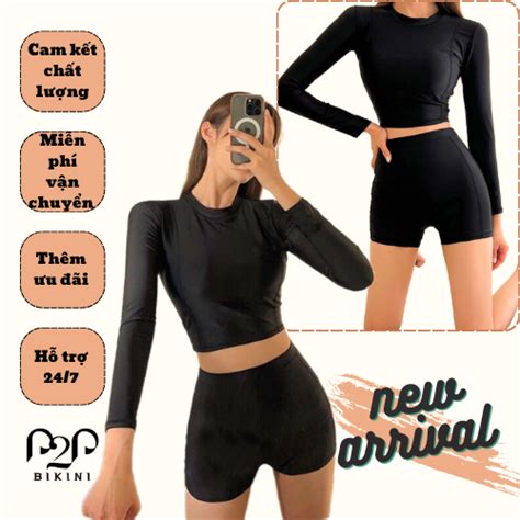 Đồ bơi Nữ 2 mảnh áo tay dài quần short cạp cao Full đen P2P BIKINI