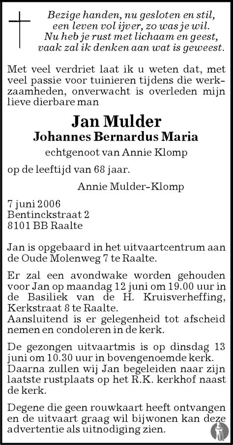 Johannes Bernardus Maria Mulder 07 06 2006 Overlijdensbericht En