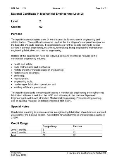 National Certificate In Mechanical Engineering Level Nzqa