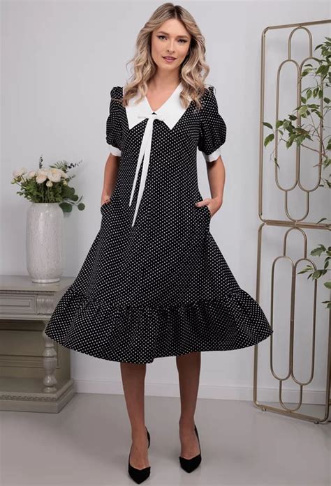 Rochie Neagra Cu Buline Si Guler Aplicat Dasha Ro