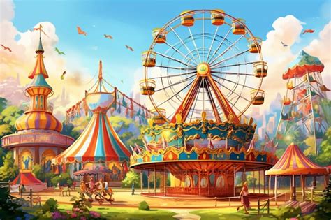 Premium Photo Illustration Of A Carnival Park With A Ferris Wheel And