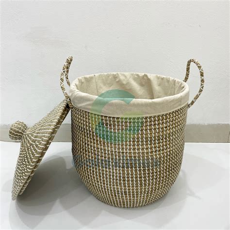 White Seagrass Hamper Basket With Lid Set Of 2 Galaximex