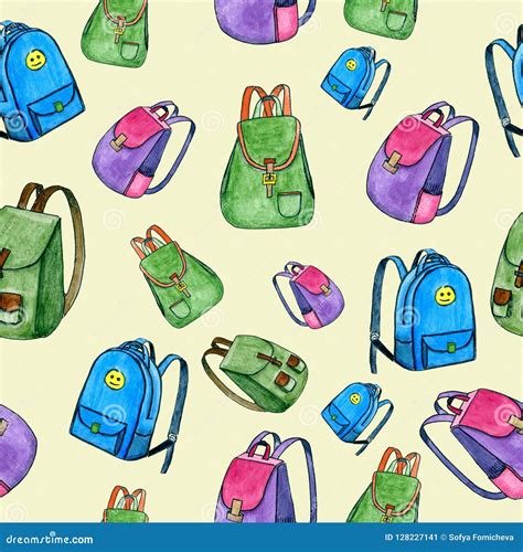 Hand Drawn Watercolor Seamless Pattern With Colored Backpacks Stock