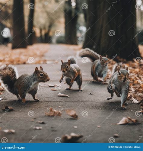 A Group Of Squirrels Walking Down A Sidewalk Generative Ai Image