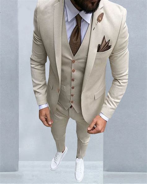 Beige Wedding Tuxedos For Men Dress Suit 3 Pieces Jacket Pants Vest