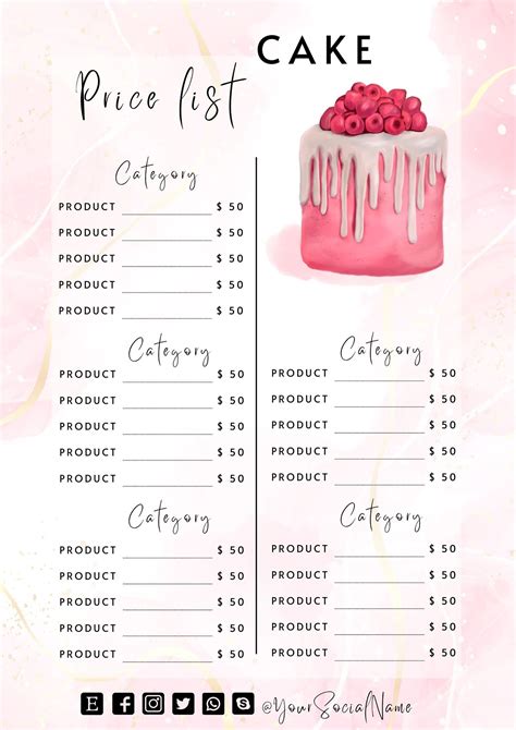 Bakery Business Price List Graphic In Cake Pricing Bakery Menu