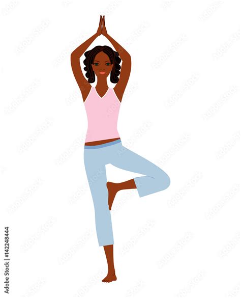 Black Woman Standing On One Leg Yoga Pose For Balance Vector