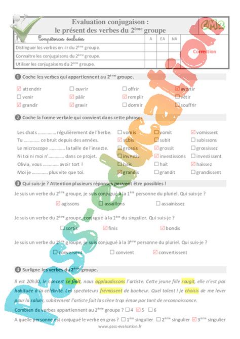 Le présent des verbes du 2ème groupe Examen Evaluation Fiches QCM