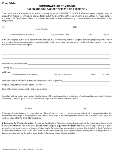 Virginia Out Of State Tax Exemption Form