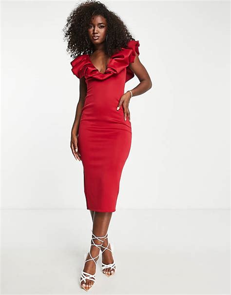 Asos Design Deep Plunge Scrunch Neck Midi Dress In Red Asos