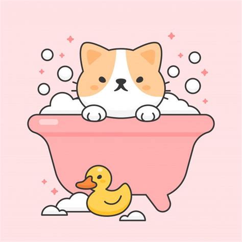 Premium Vector Cute Cat In A Bathtub And Duck Rubber Cute Doodles Kawaii Drawings Cute