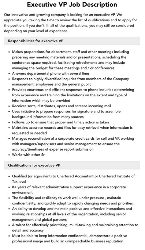 Executive Vp Job Description Velvet Jobs