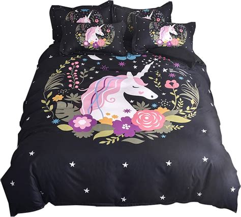 Winlife Unicorn Print Duvet Cover Set Black 3pcs Microfiber Lightweight Bedding