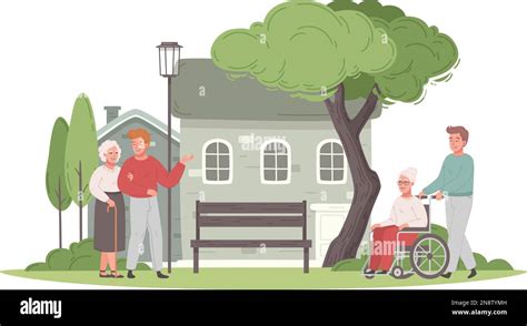 Elderly Care Cartoon Concept With Old Women Walking Outdoors Vector