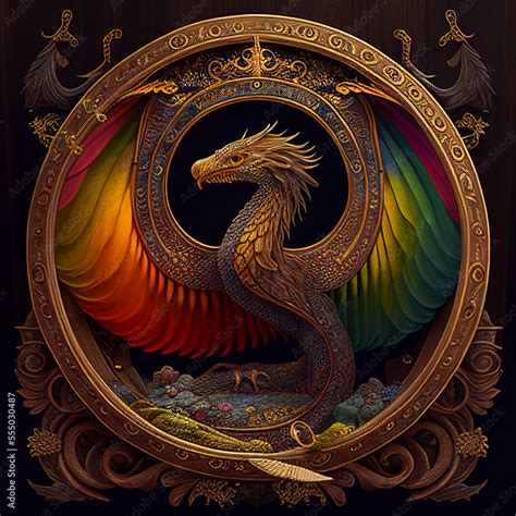 A Rainbow Dragon Encircled In Gold Created With Generative Ai