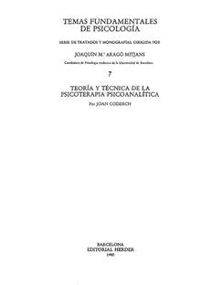 Teoria Y Tecnica De La Psicoterapia Psicoanalitica By Coderch Z