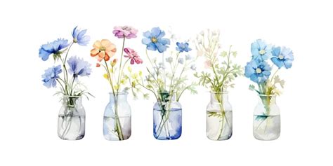 Plusieurs Fleurs à Laquarelle Dans Un Vase Transparent Conception D