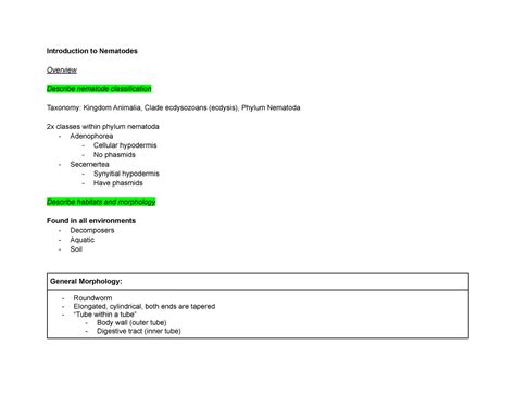 Human Parasitology Study Guide Introduction To Nematodes Overview