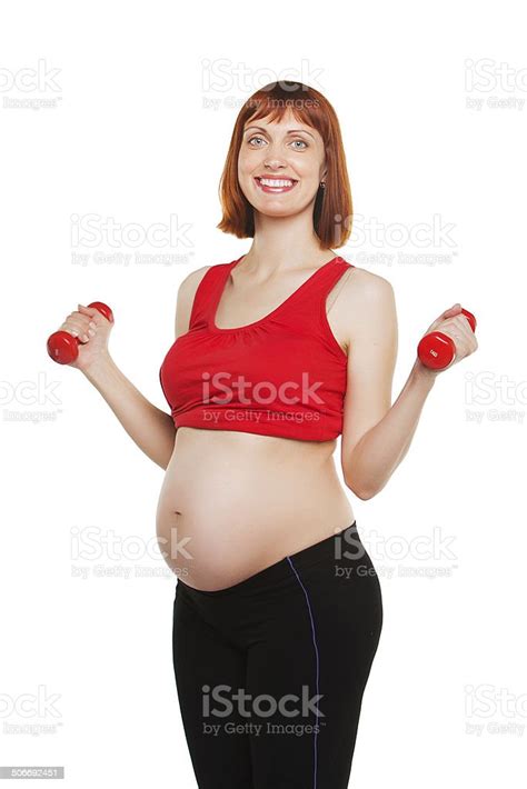 Happy Pregnant Woman Do Exercise Isolated On White Background Lifting