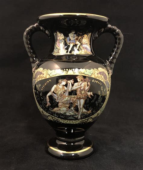 Vintage Greek Urn Handmade In Greece 24k Gold Figural Scene In Color