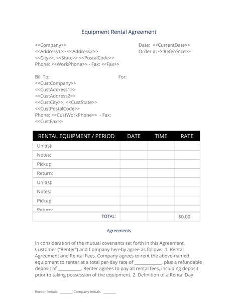 Equipment Rental Agreement Downloadable Template