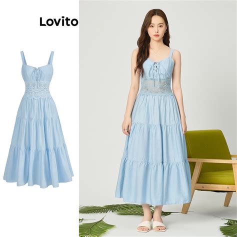 Lovito Vestido De Baile Boho Liso Renda Para Mulheres L Ed