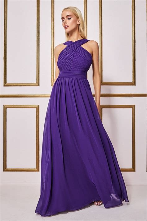 Goddiva Halter Neck Chiffon Maxi Dress Purple Women From Yumi Uk