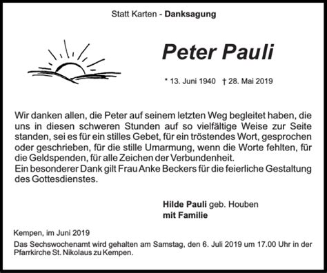 Traueranzeigen Von Peter Pauli Aachen Gedenkt