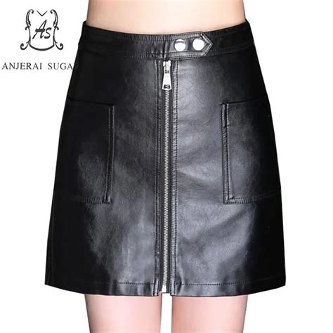 Autumn Winter Women Faux Leather Skirt Black Pu Leather High Waist Pocket Zipper Package Hip