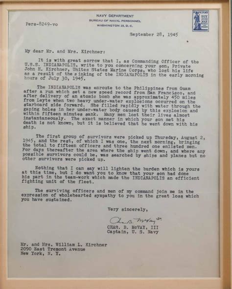 Lot - (USS INDIANAPOLIS) CHARLES B. MCVAY III CONDOLENCE LETTER