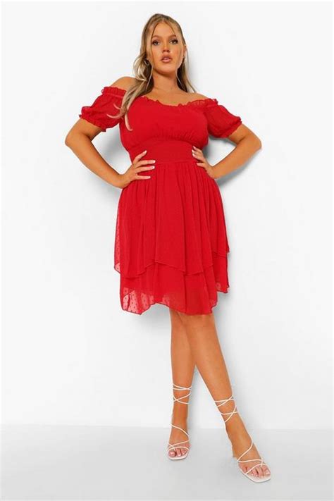 Plus Off The Shoulder Dobby Skater Dress Boohoo Uk