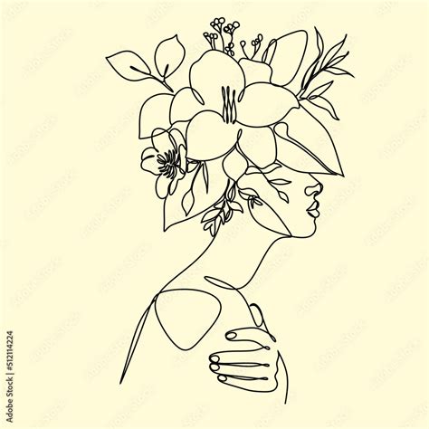 Line Art Woman Face With Flowers Continuous One Line Drawing Female