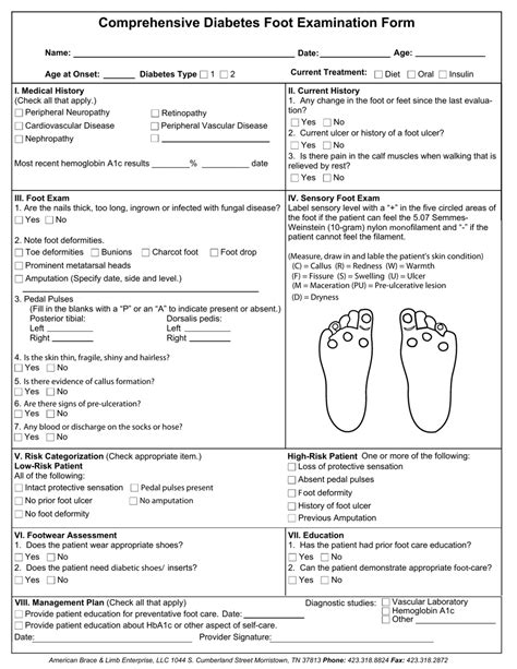 Comprehensive Diabetes Foot Examination Form American Brace Limb