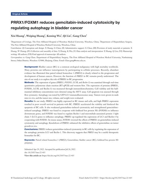 PDF PRRX1 FOXM1 Reduces Gemcitabin Induced Cytotoxicity By Regulating