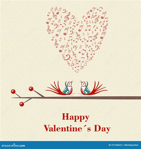 Happy Valentines Day Two Birds Flirting And Singing On Branch Stock