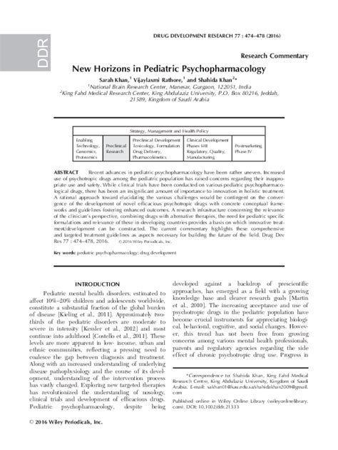 Pdf New Horizons In Pediatric Psychopharmacology Sarah Khan