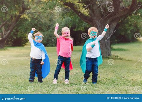 Preschool Caucasian Children Playing Superheroes Stock Photo - Image of ...