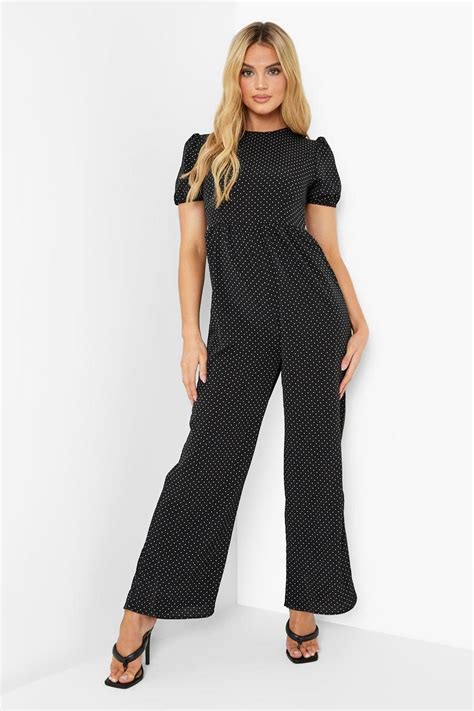 Womens Polka Dot Puff Sleeve Wide Leg Jumpsuit Boohoo Uk