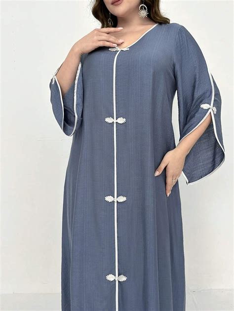 Shein Najma Plus Size V Neck Contrast Trim Split Sleeve Casual Arab