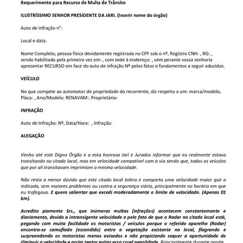 Modelo De Recurso Contra Multa De Trânsito 8 Velocidade Acima Do Permitido