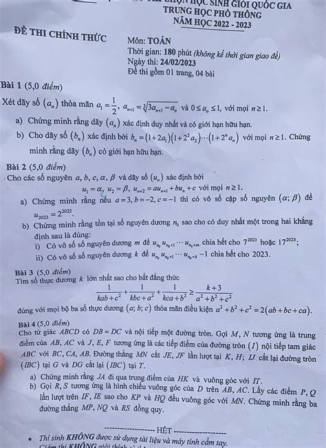 Đề thi học sinh giỏi toán thpt cấp quốc gia năm học 2022 2023