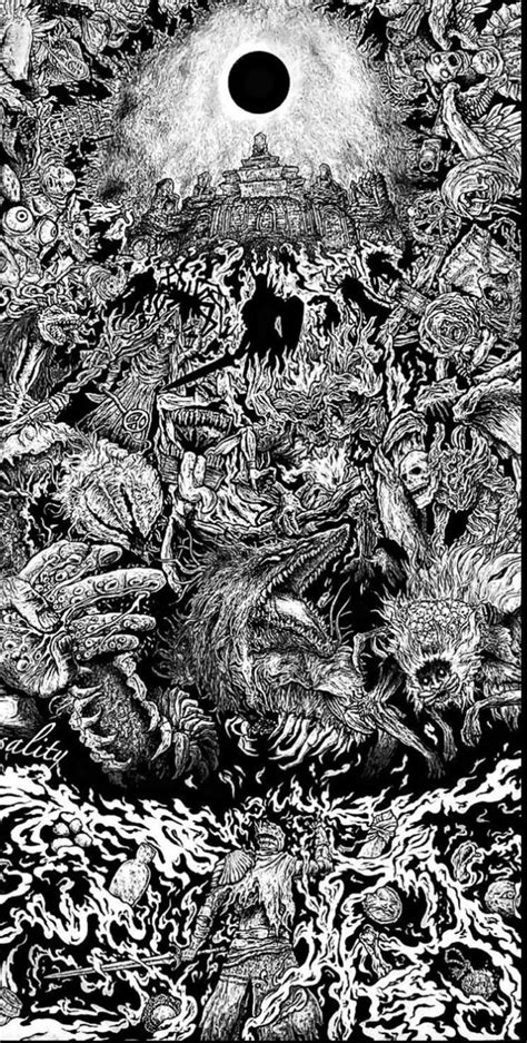 An Artistic Black And White Drawing Of People Surrounded By Demonic