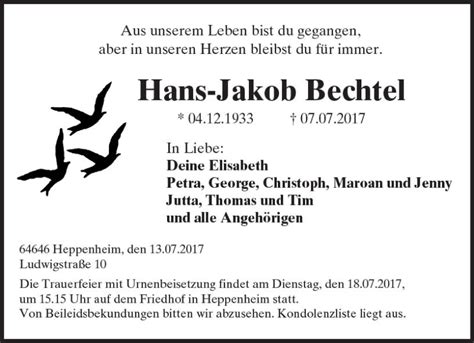 Traueranzeigen Von Hans Jakob Bechtel Vrm Trauer De