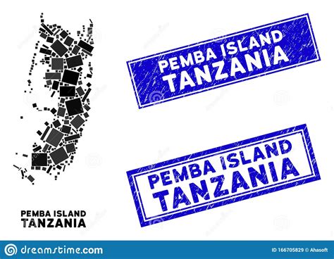 Mosaic Pemba Island Map And Scratched Rectangle Stamps Stock Vector