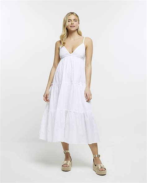 White Tiered Beach Cami Midi Dress River Island